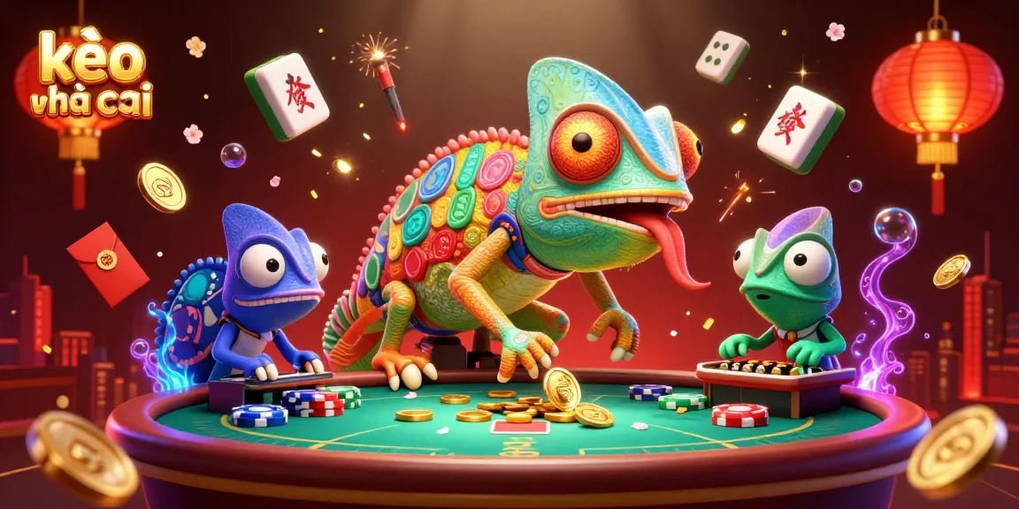 Experience kèo nhà cái with exciting visuals of a chameleon casino owner amidst festive gambling elements.