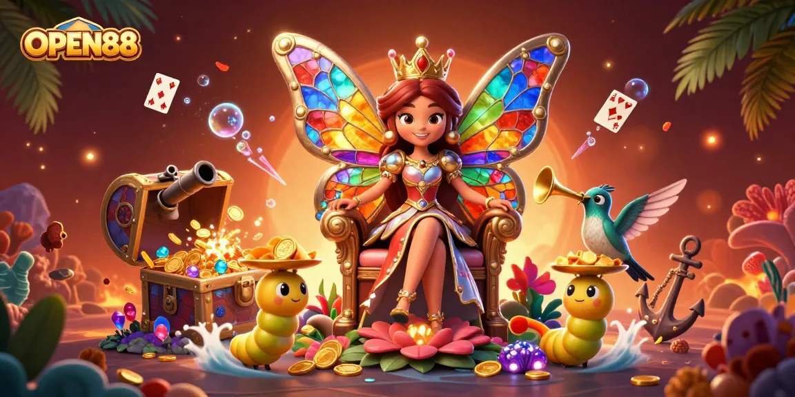 Engage with OPEN88 in this vibrant 3D illustration showcasing a lively butterfly queen and treasure-filled underwater scene.