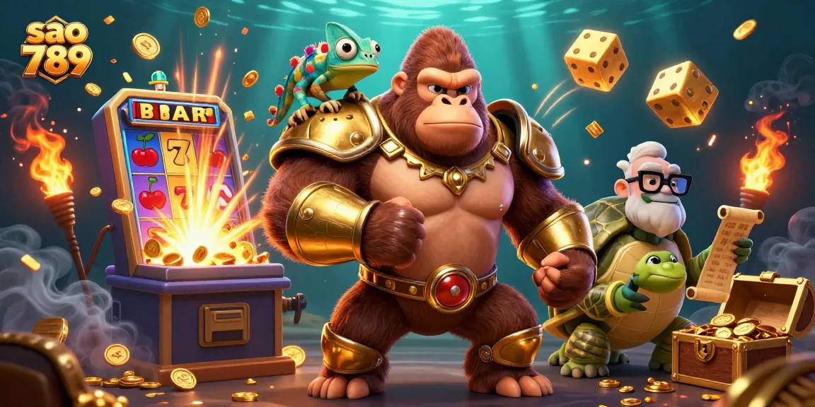 sao 789 showcases engaging gameplay with a vibrant scene featuring a gorilla king, chameleon, and tortoise among dynamic casino elements.