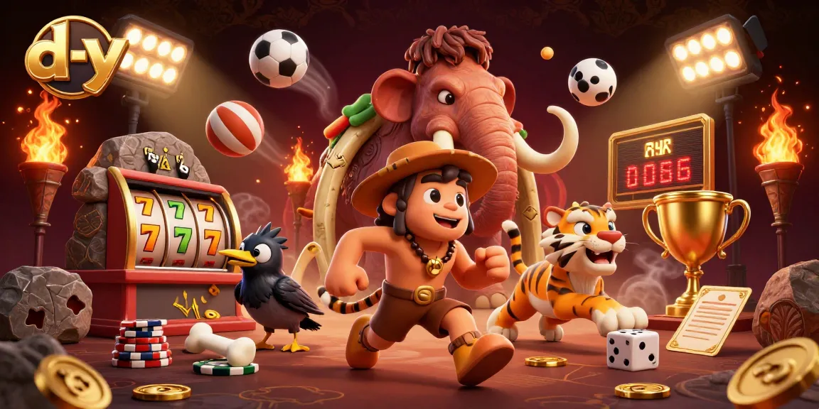 d-y engages gamers with a lively prehistoric casino scene featuring cavemen, sabertooth tigers, and rich gambling elements.