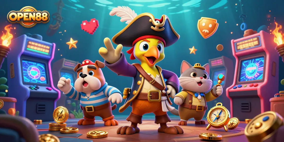 Engage in exciting gameplay at OPEN88 with a vibrant 3D pirate-themed casino illustration featuring dynamic characters and colorful game elements.