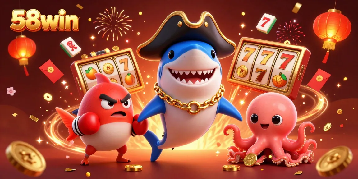 Engage with 58win's exciting slots as a lively cartoon pirate shark, pufferfish, and octopus celebrate winnings.