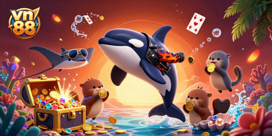 Celebrate gaming with vn 88 as fabulous characters interact by treasure chests in a vibrant ocean scene.