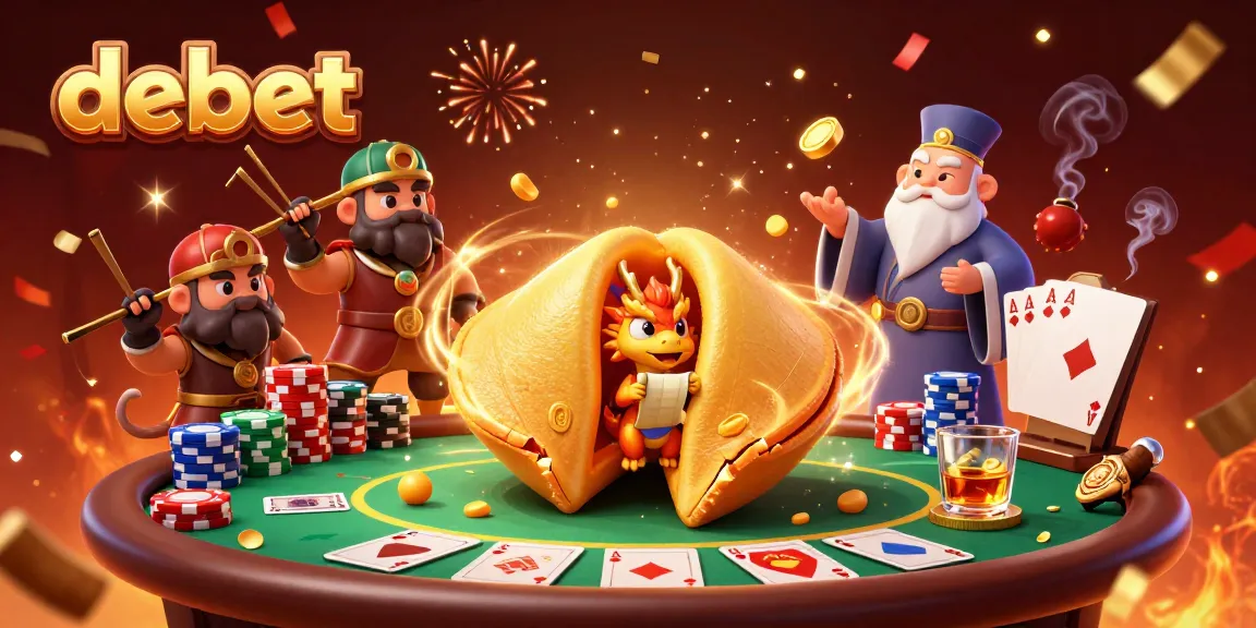 Engage with debet's vibrant casino scene featuring a wise dragon, fortune cookie, and poker elements.