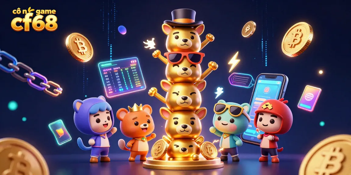 Experience excitement at cổng game cf68 with vibrant 3D casino illustrations showcasing crypto elements.