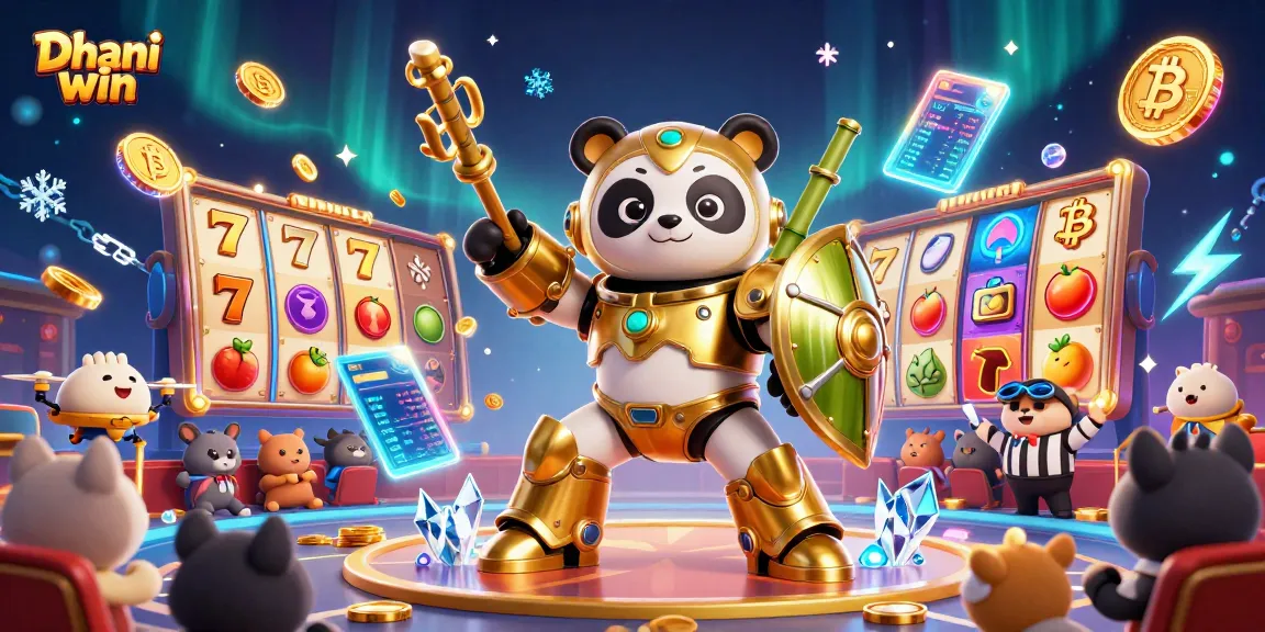 Dhani win features a captivating arena where players engage in thrilling slots and jackpots surrounded by vibrant characters and crypto elements.