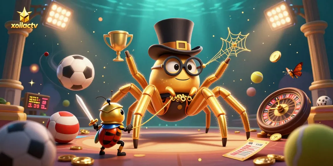 Xoilactv brings thrilling sports betting to life with a golden tarantula and brave beetle knight in a vibrant casino scene.