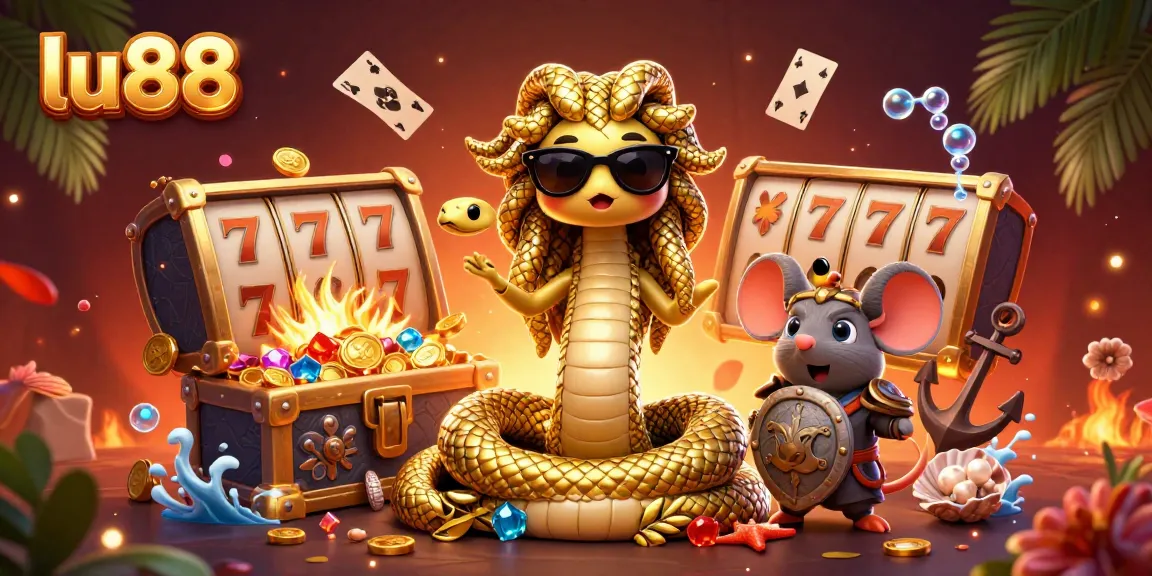 Experience exciting gaming at lu88 with adorable Medusa and warriors amidst vibrant casino elements.