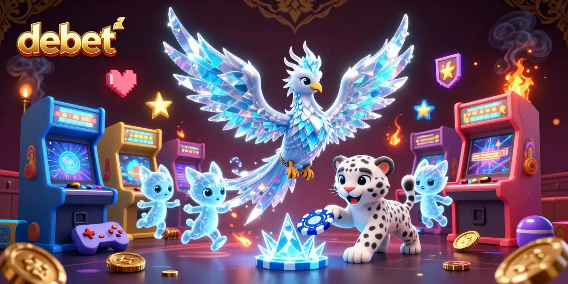 Engage with debet in a dynamic 3D gaming illustration featuring a captivating ice phoenix and lively characters.