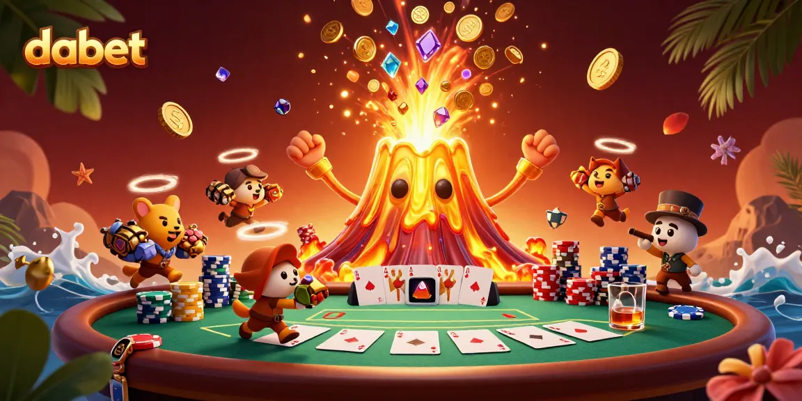 Dabet challenges players with an exhilarating eruption of coins, treasure and poker elements in a vibrant casino scene.