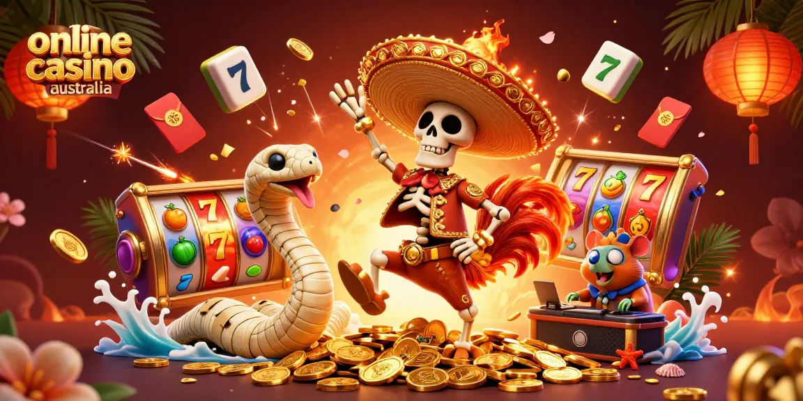 Experience the excitement of online casino Australia with animated 3D characters celebrating on digital slot reels.