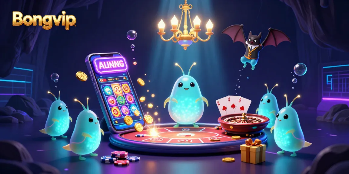 Bongvip casino illuminated by glowworms and a bat dealer, showcasing vibrant slot games and chips.