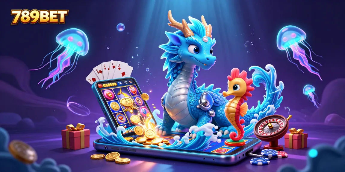 Engage with 789BET's vibrant casino scene featuring a 3D azure dragon and neon jellyfish