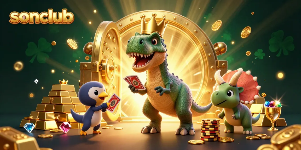 Join the fun at sonclub, featuring a playful T-Rex, Pterodactyl, and Triceratops in a vibrant casino scene.
