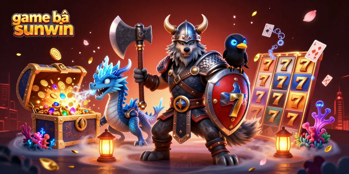 A thrilling scene featuring 3D cartoon characters celebrating a win in game bài sunwin, with a Viking wolf warrior, ice-breathing dragon, and glowing raven.