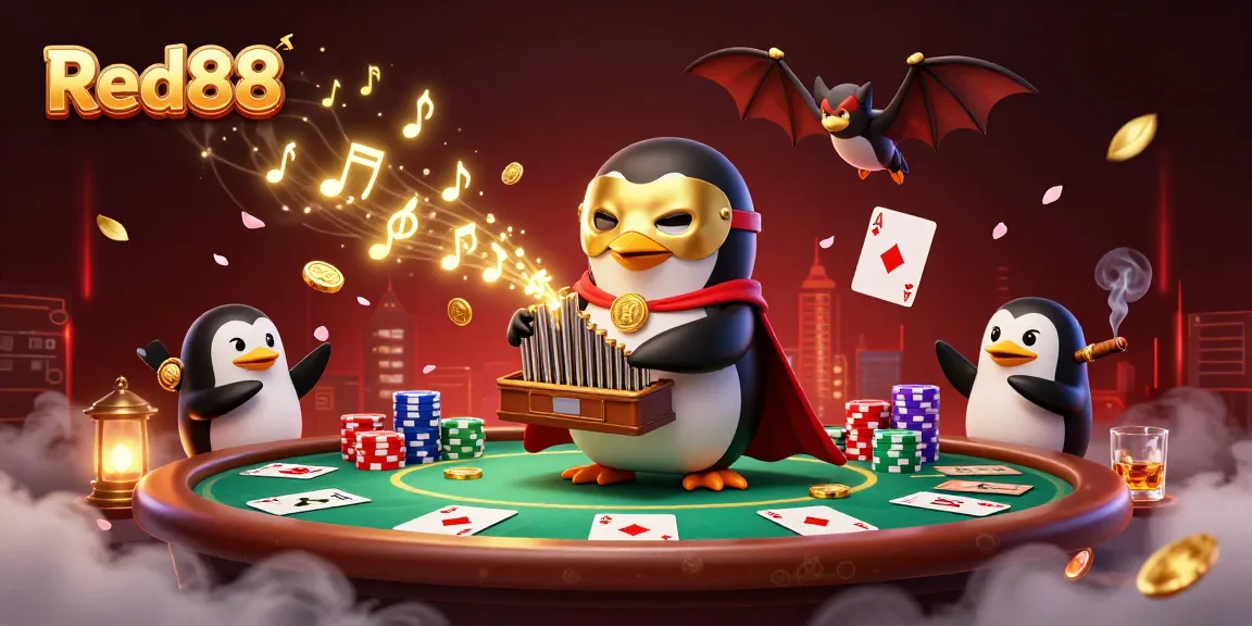 Experience thrilling gaming moments at Red88 with an acrobatic penguin and vibrant casino elements.