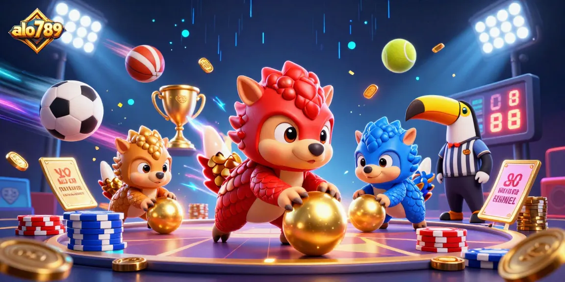 A thrilling experience at alo789 with rival pangolins rolling into golden balls amidst poker chips and sports balls.