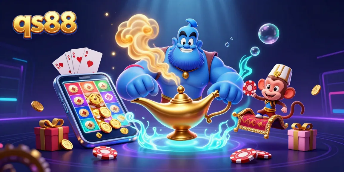 Engage with thrilling qs88 slot games amidst a vibrant 3D illustration of a genie and casino elements.